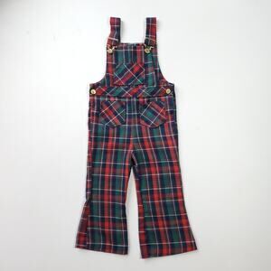 Vintage HealthTex Tartan Plaid Overalls Flare Bell Bottom Green Red Retro Sz 4T
